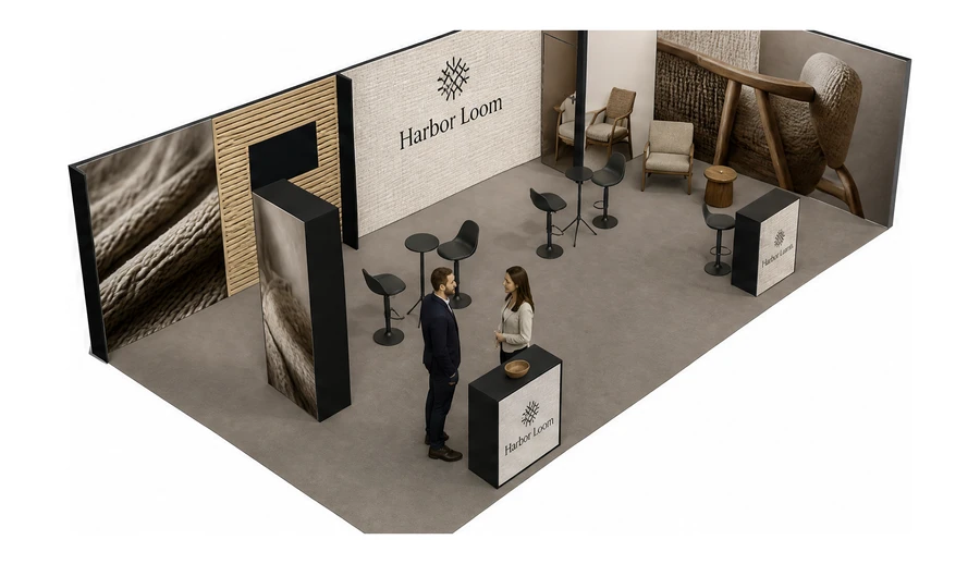 Stoisko 10 × 5 m narożne prawe dla branży meble designerskie, przykładowa marka Harbor Loom