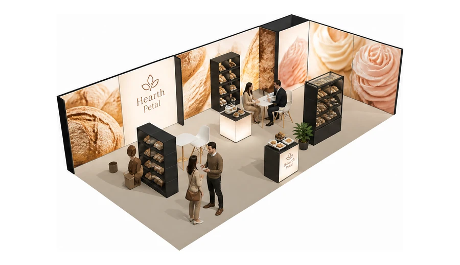 Stoisko 10 × 5 m narożne prawe dla branży piekarnictwo i cukiernictwo, przykładowa marka Hearth Petal