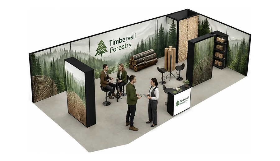 Stoisko 10 × 5 m narożne prawe dla branży leśnictwo i przemysł drzewny, przykładowa marka Timberveil Forestry