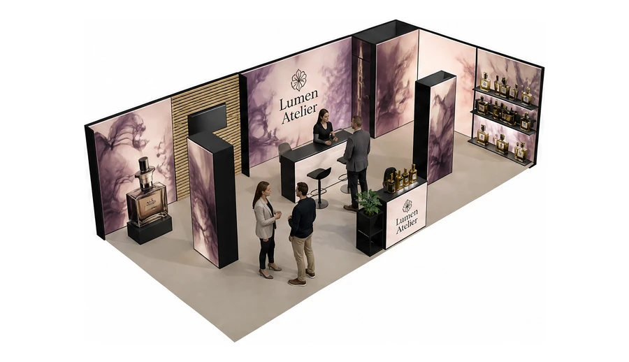 Stoisko 10 × 5 m narożne prawe dla branży perfumy, przykładowa marka Lumen Atelier