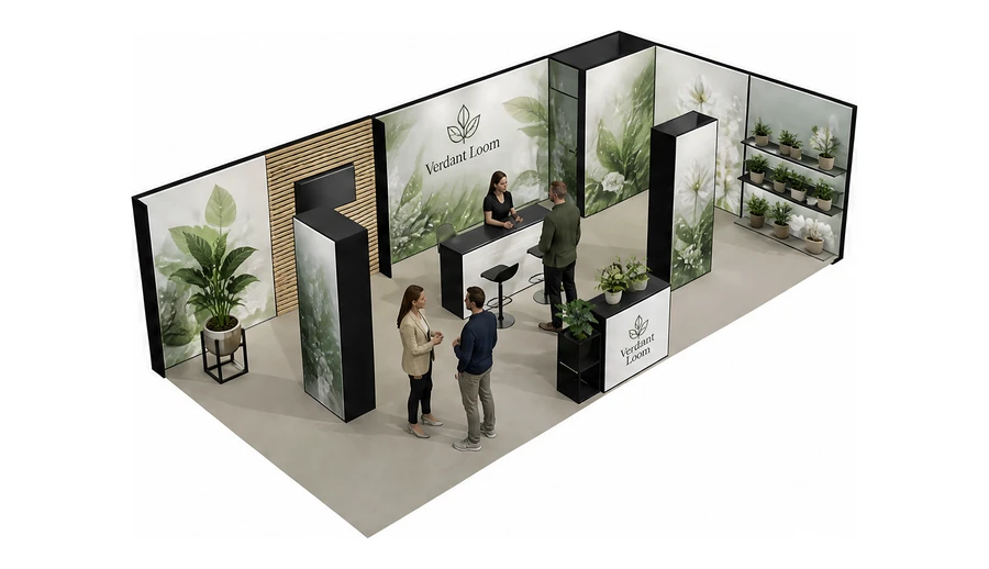 Stoisko 10 × 5 m narożne prawe dla branży rośliny i kwiaciarstwo, przykładowa marka Verdant Loom