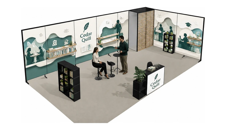 Stoisko 10 × 5 m narożne prawe dla branży edukacja i szkolenia, przykładowa marka Cedar Quill