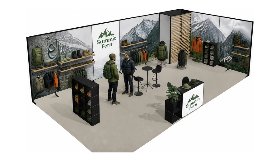 Stoisko 10 × 5 m narożne prawe dla branży odzież i sprzęt outdoorowy, przykładowa marka Summit Fern