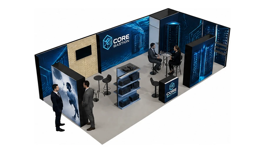 Stoisko 10 × 5 m narożne prawe dla branży infrastruktura IT i data center, przykładowa marka Core Bastion