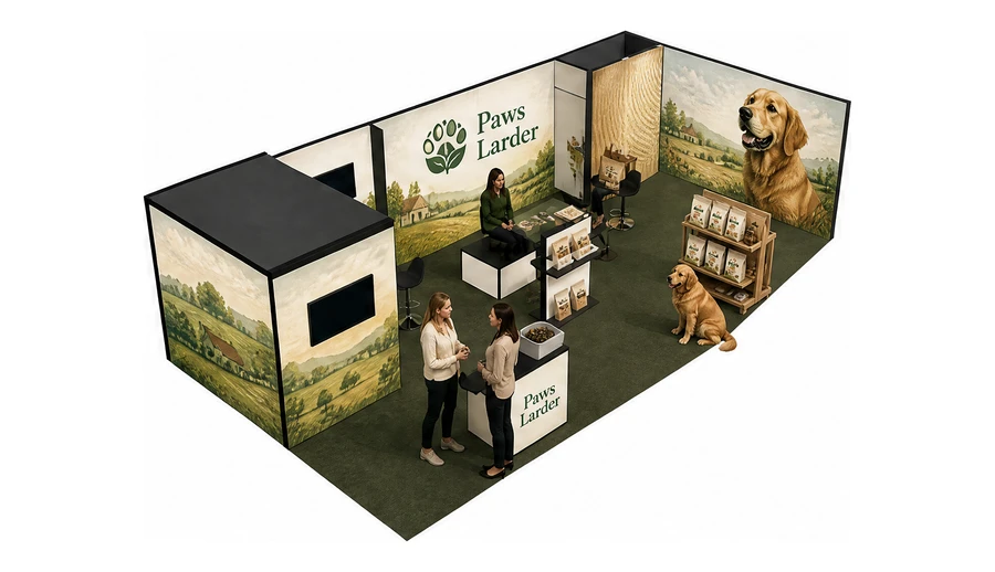 Stoisko 10 × 5 m narożne prawe dla branży karma dla zwierząt, przykładowa marka Paws Larder