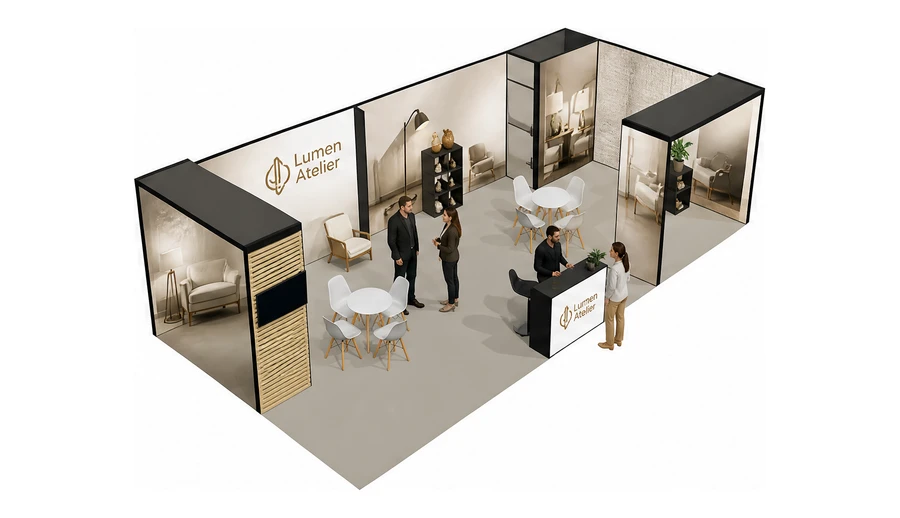 Stoisko 10 × 5 m narożne prawe dla branży meble designerskie, przykładowa marka Lumen Atelier