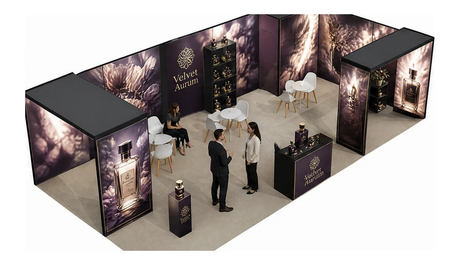 Stoisko 10 × 5 m narożne prawe dla branży perfumy, przykładowa marka Velvet Aurum