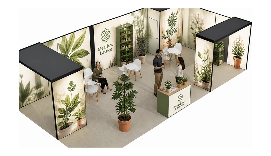 Stoisko 10 × 5 m narożne prawe dla branży rośliny i kwiaciarstwo, przykładowa marka Meadow Lattice