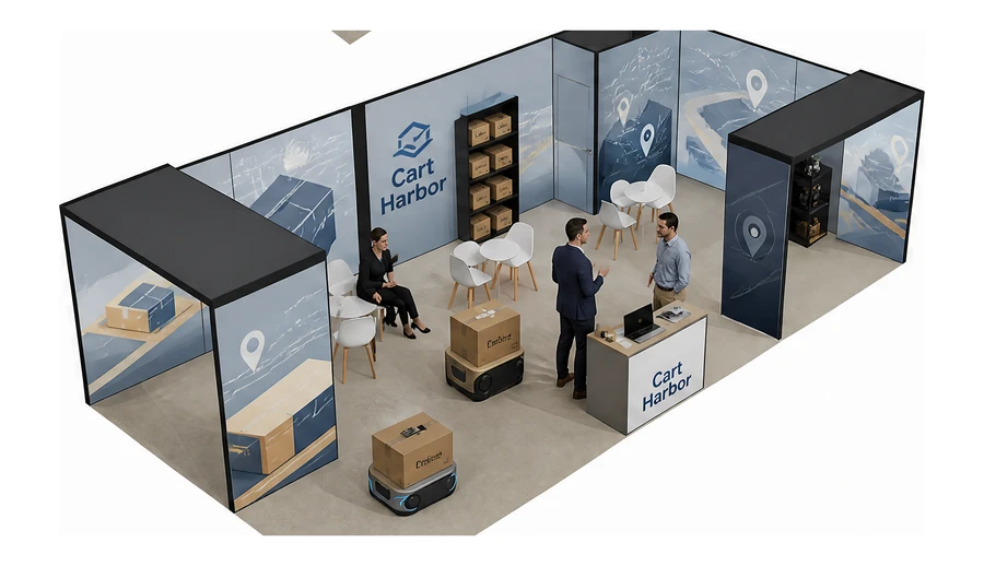 Stoisko 10 × 5 m narożne prawe dla branży e-commerce, przykładowa marka Cart Harbor