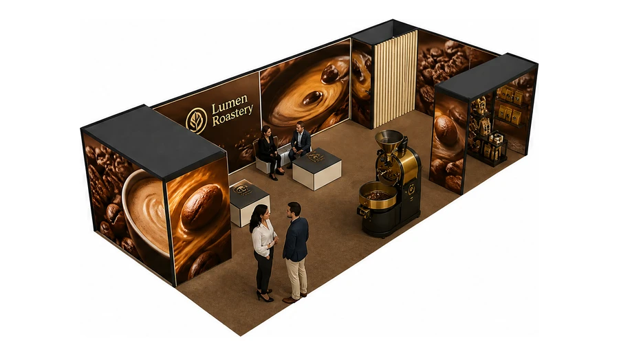 Stoisko 10 × 5 m narożne prawe dla branży palarnia kawy, przykładowa marka Lumen Roastery