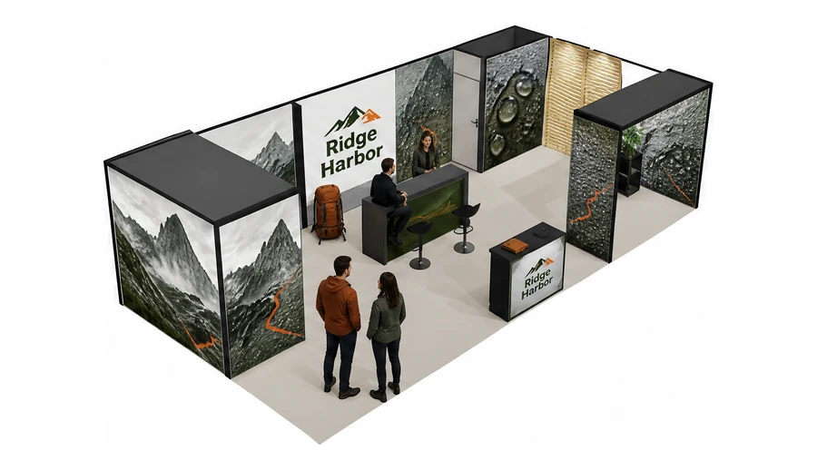 Stoisko 10 × 5 m narożne prawe dla branży odzież i sprzęt outdoorowy, przykładowa marka Ridge Harbor