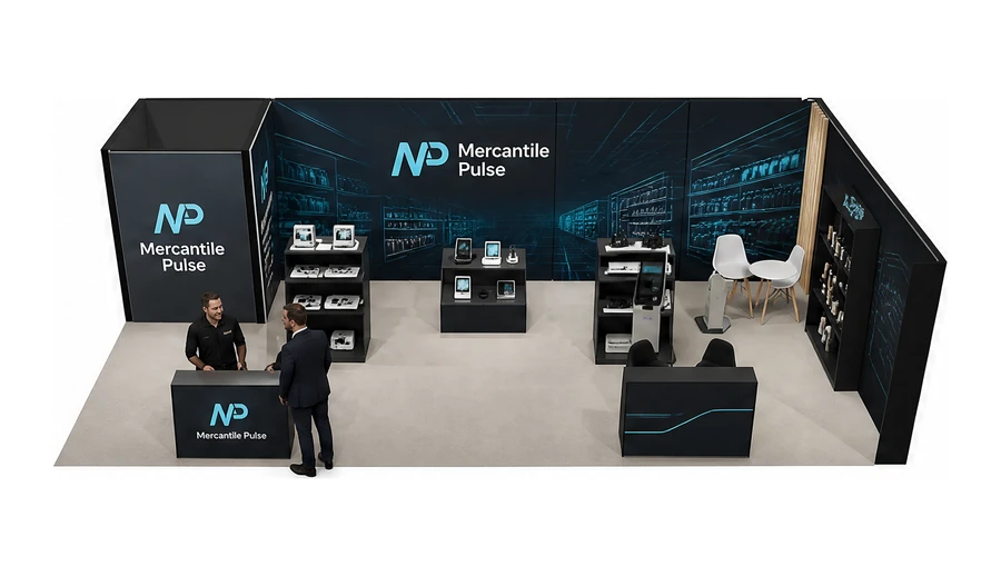 Stoisko 10 × 5 m narożne prawe dla branży technologie dla handlu, przykładowa marka Mercantile Pulse