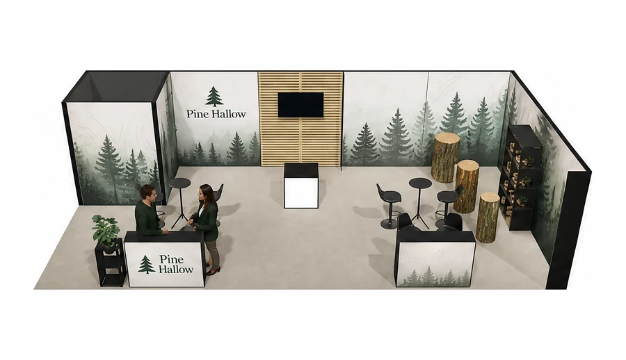 Stoisko 10 × 5 m narożne prawe dla branży leśnictwo i przemysł drzewny, przykładowa marka Pine Hallow