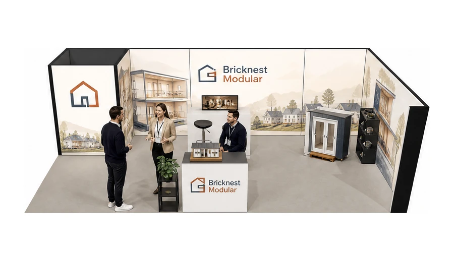 Stoisko 10 × 5 m narożne prawe dla branży domy modułowe i prefabrykacja, przykładowa marka Bricknest Modular