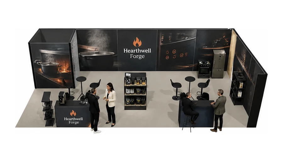 Stoisko 10 × 5 m narożne prawe dla branży sprzęt kuchenny i AGD, przykładowa marka Hearthwell Forge