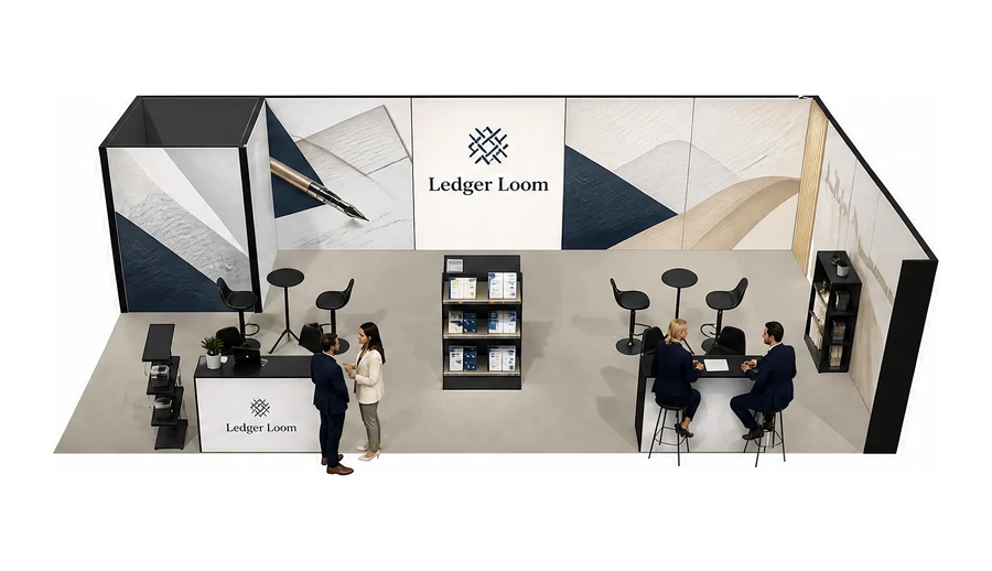 Stoisko 10 × 5 m narożne prawe dla branży usługi finansowe i księgowe, przykładowa marka Ledger Loom