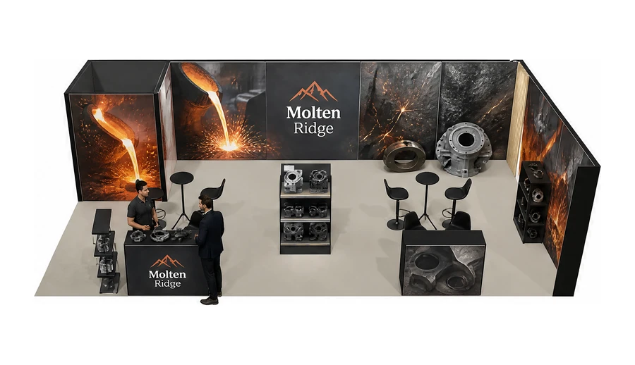 Stoisko 10 × 5 m narożne prawe dla branży obróbka metali i odlewnictwo, przykładowa marka Molten Ridge