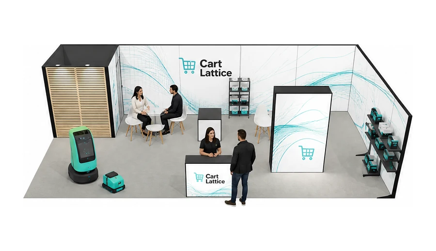 Stoisko 10 × 5 m narożne prawe dla branży e-commerce, przykładowa marka Cart Lattice