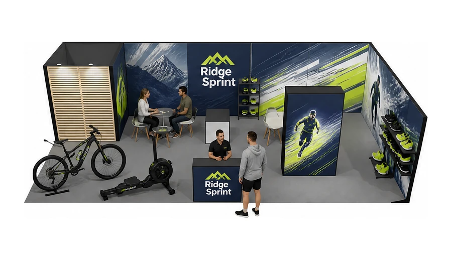 Stoisko 10 × 5 m narożne prawe dla branży sprzęt sportowy, przykładowa marka Ridge Sprint