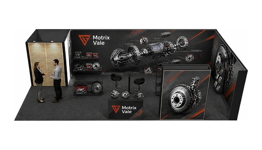 Stoisko 10 × 5 m narożne prawe dla branży części motoryzacyjne, przykładowa marka Motrix Vale