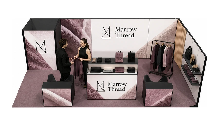 Stoisko 10 × 5 m narożne prawe dla branży odzież i moda, przykładowa marka Marrow Thread