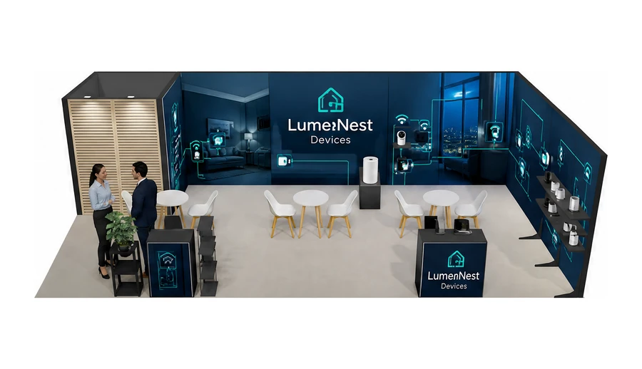 Stoisko 10 × 5 m narożne prawe dla branży smart home i IoT, przykładowa marka LumenNest Devices