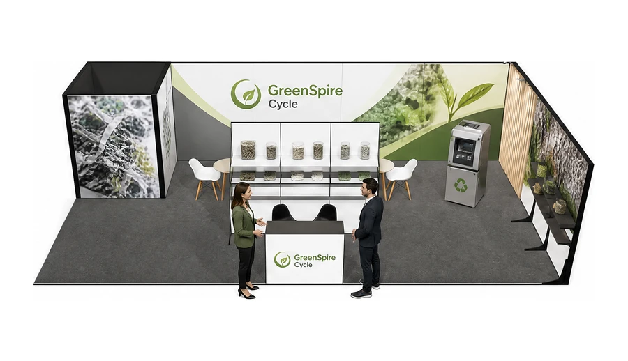 Stoisko 10 × 5 m narożne prawe dla branży recykling i ochrona środowiska, przykładowa marka GreenSpire Cycle
