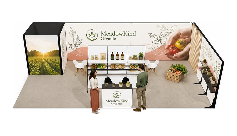 Stoisko 10 × 5 m narożne prawe dla branży żywność ekologiczna, przykładowa marka MeadowKind Organics