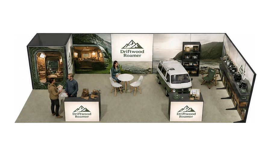 Stoisko 10 × 5 m narożne prawe dla branży caravaning i kampery, przykładowa marka Driftwood Roamer