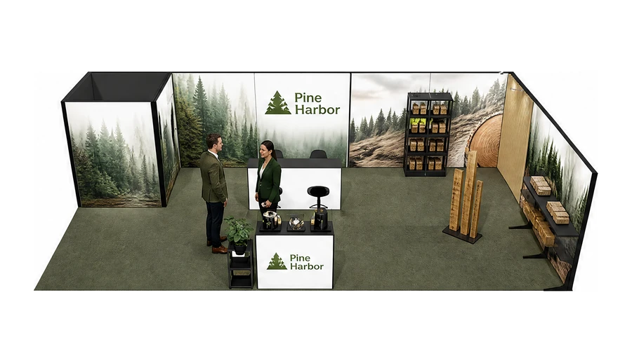 Stoisko 10 × 5 m narożne prawe dla branży leśnictwo i przemysł drzewny, przykładowa marka Pine Harbor