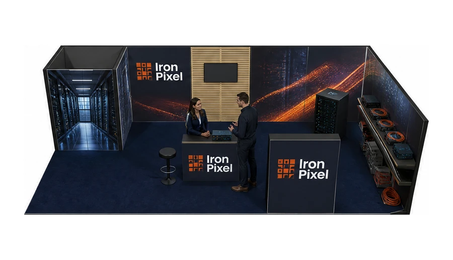 Stoisko 10 × 5 m narożne prawe dla branży infrastruktura IT i data center, przykładowa marka Iron Pixel