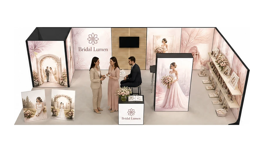 Stoisko 10 × 5 m narożne prawe dla branży branża ślubna, przykładowa marka Bridal Lumen