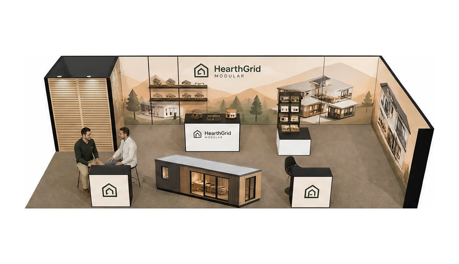 Stoisko 10 × 5 m narożne prawe dla branży domy modułowe i prefabrykacja, przykładowa marka HearthGrid Modular