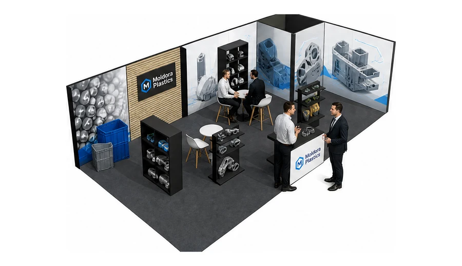Stoisko 10 × 5 m narożne prawe dla branży przetwórstwo tworzyw, przykładowa marka Moldora Plastics