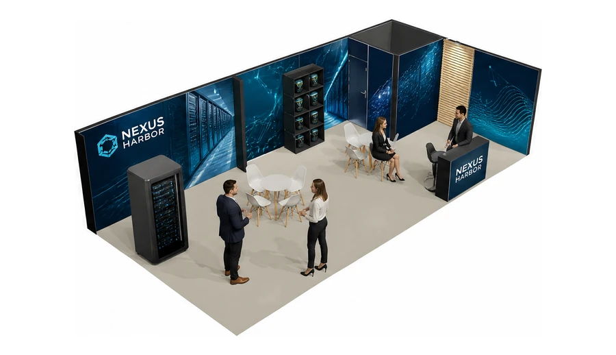 Stoisko 10 × 5 m narożne prawe dla branży infrastruktura IT i data center, przykładowa marka Nexus Harbor