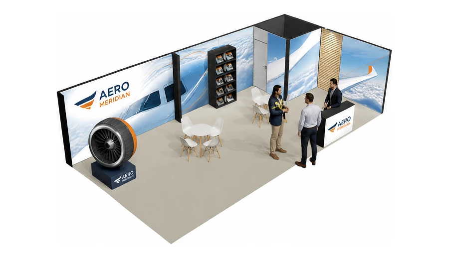 Stoisko 10 × 5 m narożne prawe dla branży lotnictwo, przykładowa marka Aero Meridian