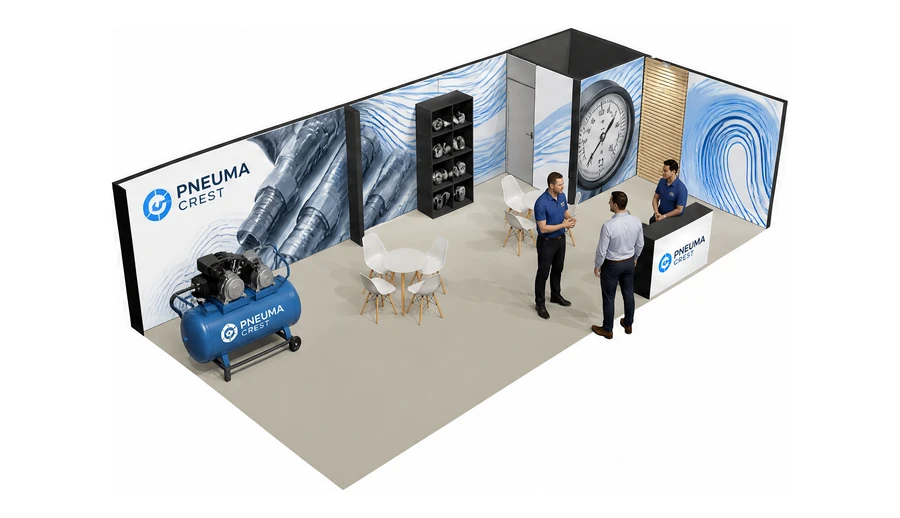 Stoisko 10 × 5 m narożne prawe dla branży pneumatyka i sprężone powietrze, przykładowa marka Pneuma Crest