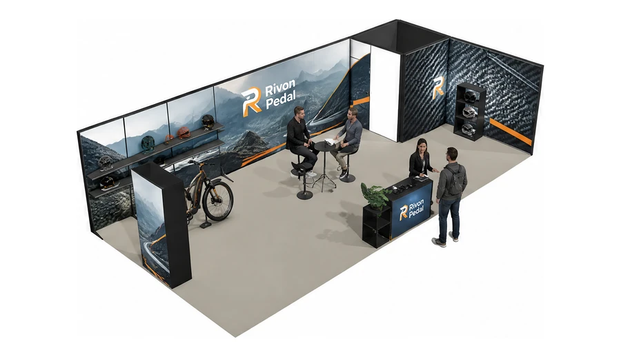 Stoisko 10 × 5 m narożne prawe dla branży rowery elektryczne, przykładowa marka Rivon Pedal