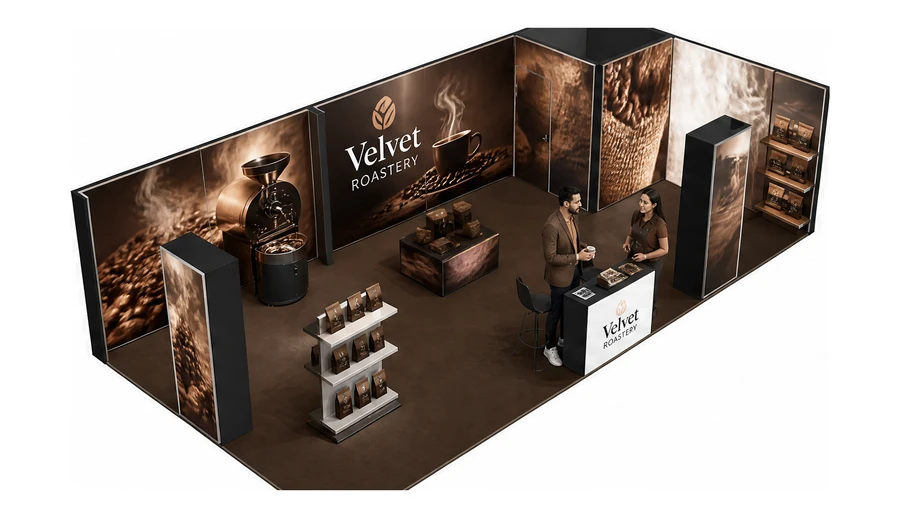 Stoisko 10 × 5 m narożne prawe dla branży palarnia kawy, przykładowa marka Velvet Roastery