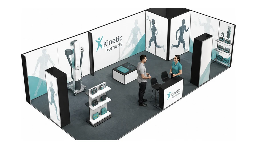 Stoisko 10 × 5 m narożne prawe dla branży rehabilitacja i fizjoterapia, przykładowa marka Kinetic Remedy