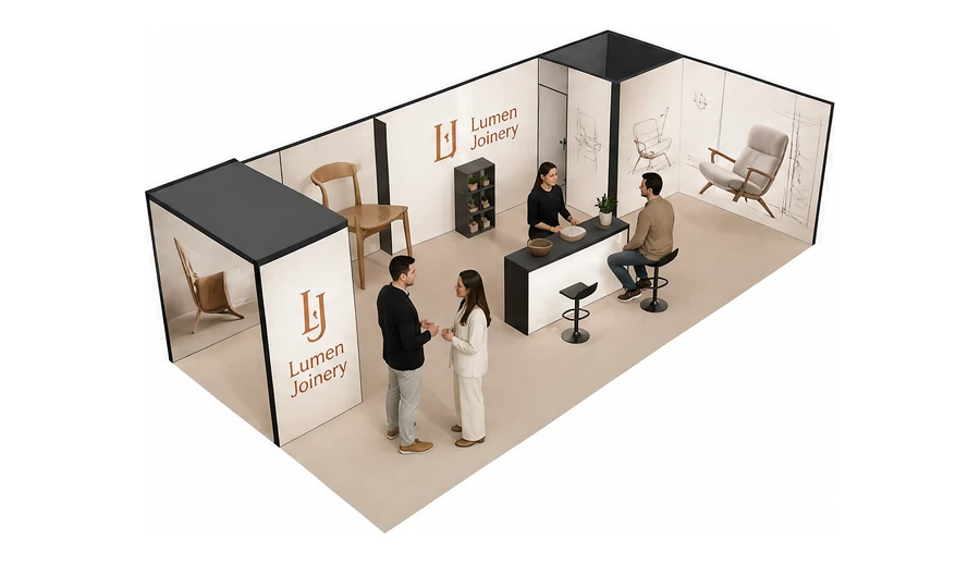 Stoisko 10 × 5 m narożne prawe dla branży meble designerskie, przykładowa marka Lumen Joinery