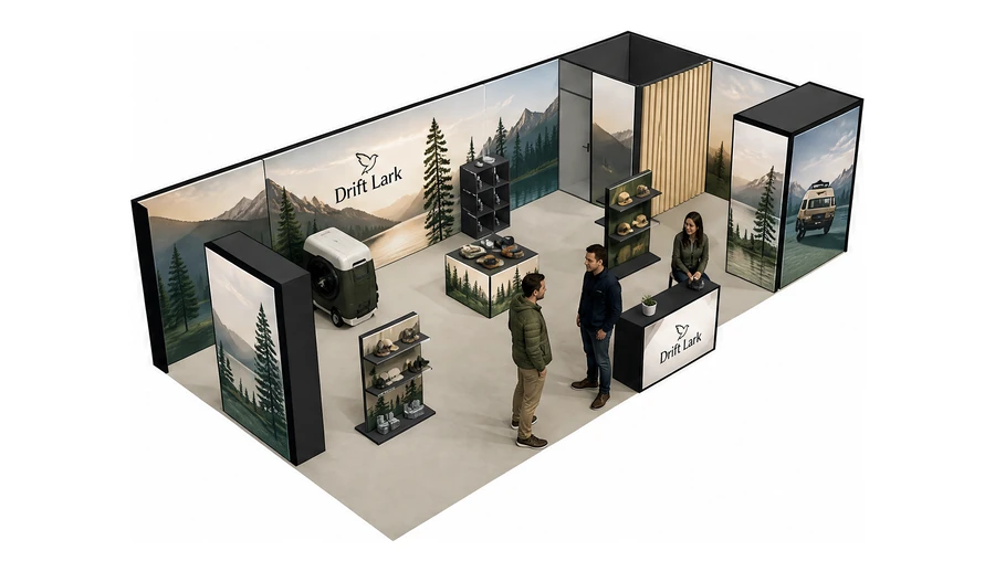 Stoisko 10 × 5 m narożne prawe dla branży caravaning i kampery, przykładowa marka Drift Lark