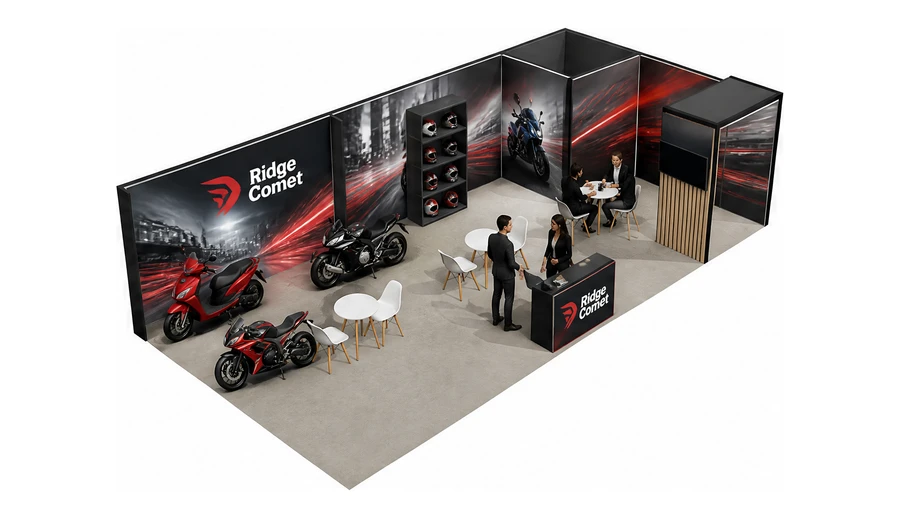 Stoisko 10 × 5 m narożne prawe dla branży motocykle i skutery, przykładowa marka Ridge Comet