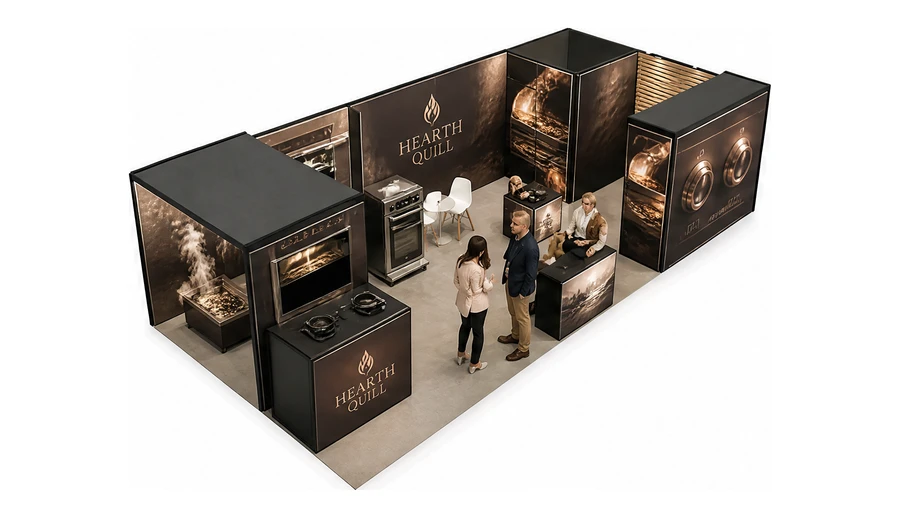 Stoisko 10 × 5 m narożne prawe dla branży sprzęt kuchenny i AGD, przykładowa marka Hearth Quill