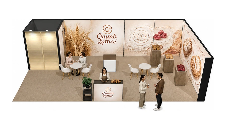 Stoisko 10 × 5 m narożne prawe dla branży piekarnictwo i cukiernictwo, przykładowa marka Crumb Lattice