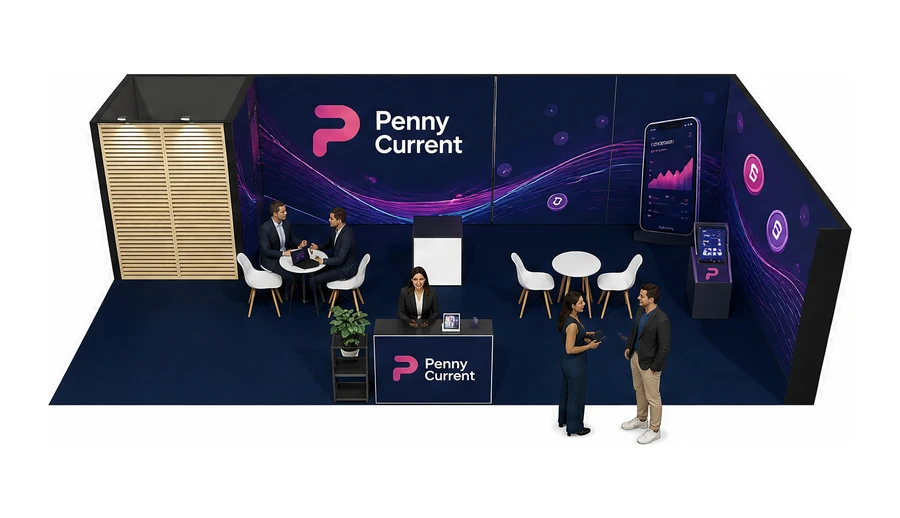 Stoisko 10 × 5 m narożne prawe dla branży płatności online, przykładowa marka Penny Current