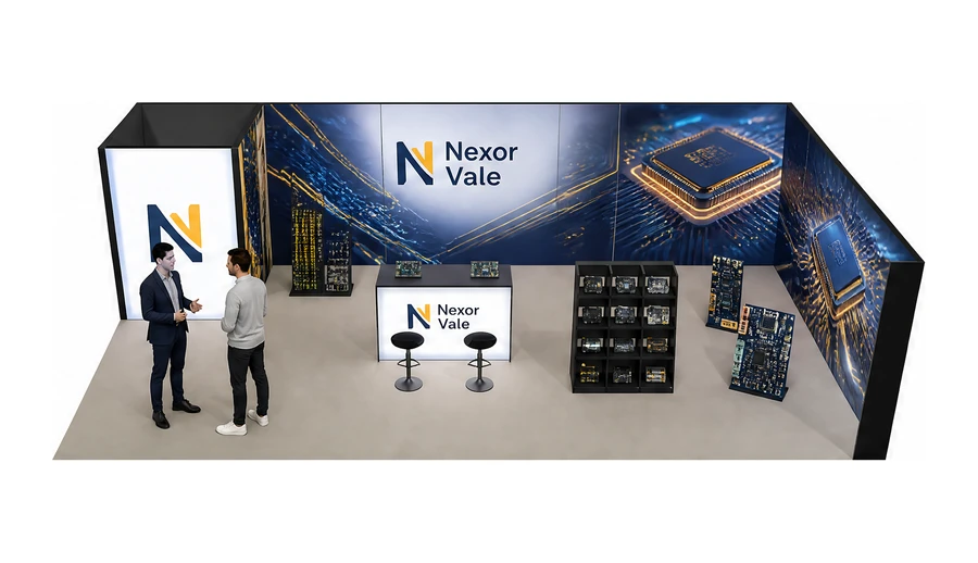 Stoisko 10 × 5 m narożne prawe dla branży komponenty elektroniczne, przykładowa marka Nexor Vale