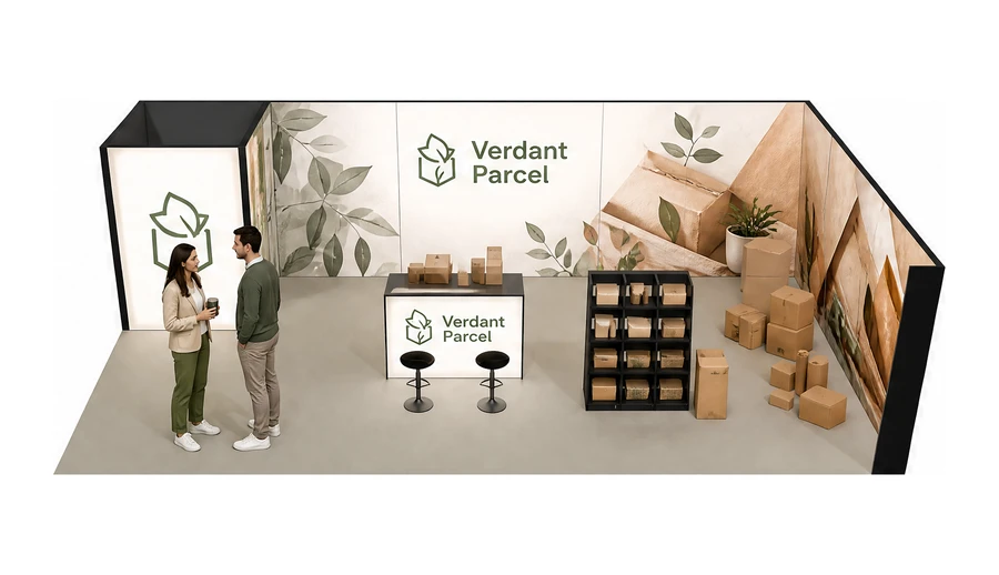 Stoisko 10 × 5 m narożne prawe dla branży opakowania ekologiczne, przykładowa marka Verdant Parcel