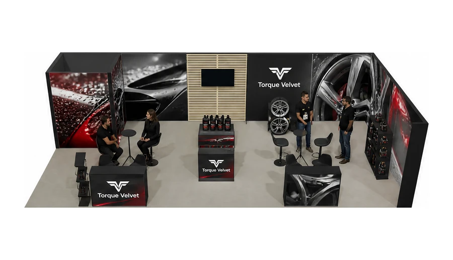 Stoisko 10 × 5 m narożne prawe dla branży tuning i detailing, przykładowa marka Torque Velvet