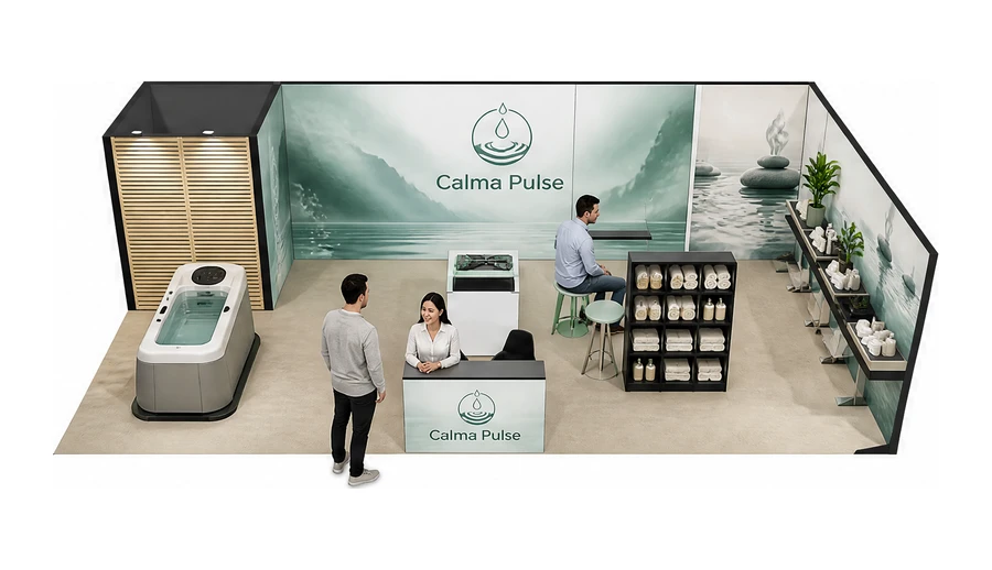 Stoisko 10 × 5 m narożne prawe dla branży spa i wellness, przykładowa marka Calma Pulse